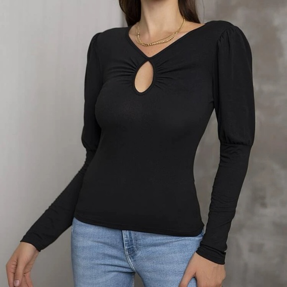 New Boho Solid Black Cutout Ruched Exaggerated Puff Sleeve Blouse Fitted Tee - Picture 6 of 9